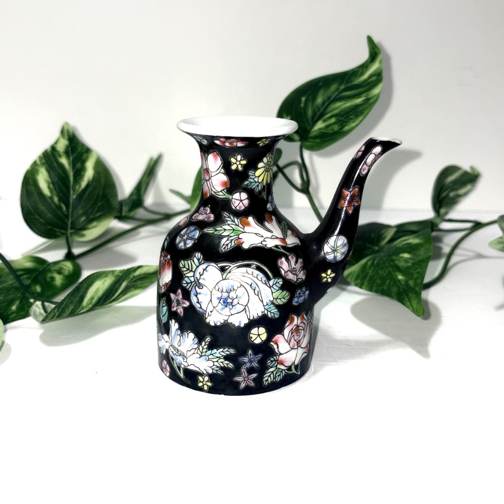 Vtg Famille Noire Floral Ceramic Sake Carafe Spouted Bud Vase Black Floral